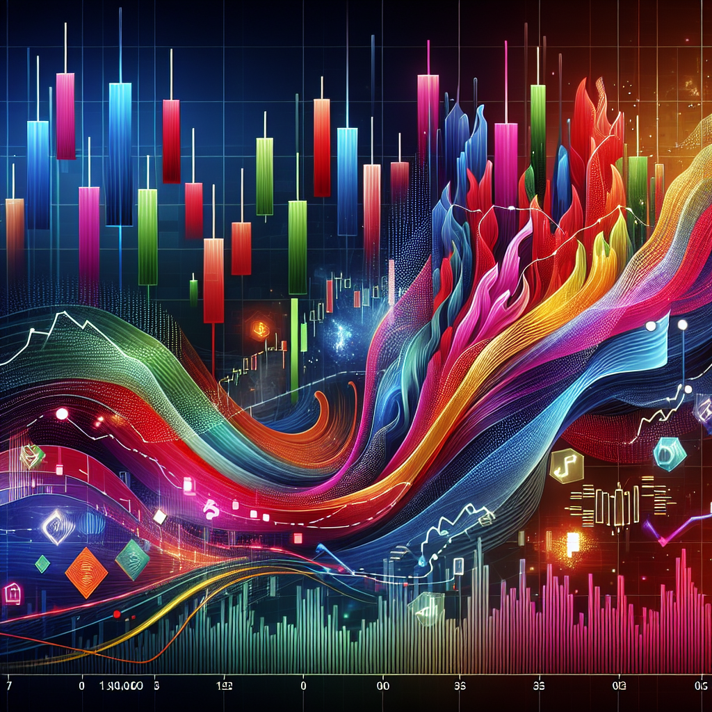 An abstract representation of swing trading strategies illustrated with flowing patterns, featuring stock price charts, candlestick patterns, and symbols of analytics, all in vibrant colors.