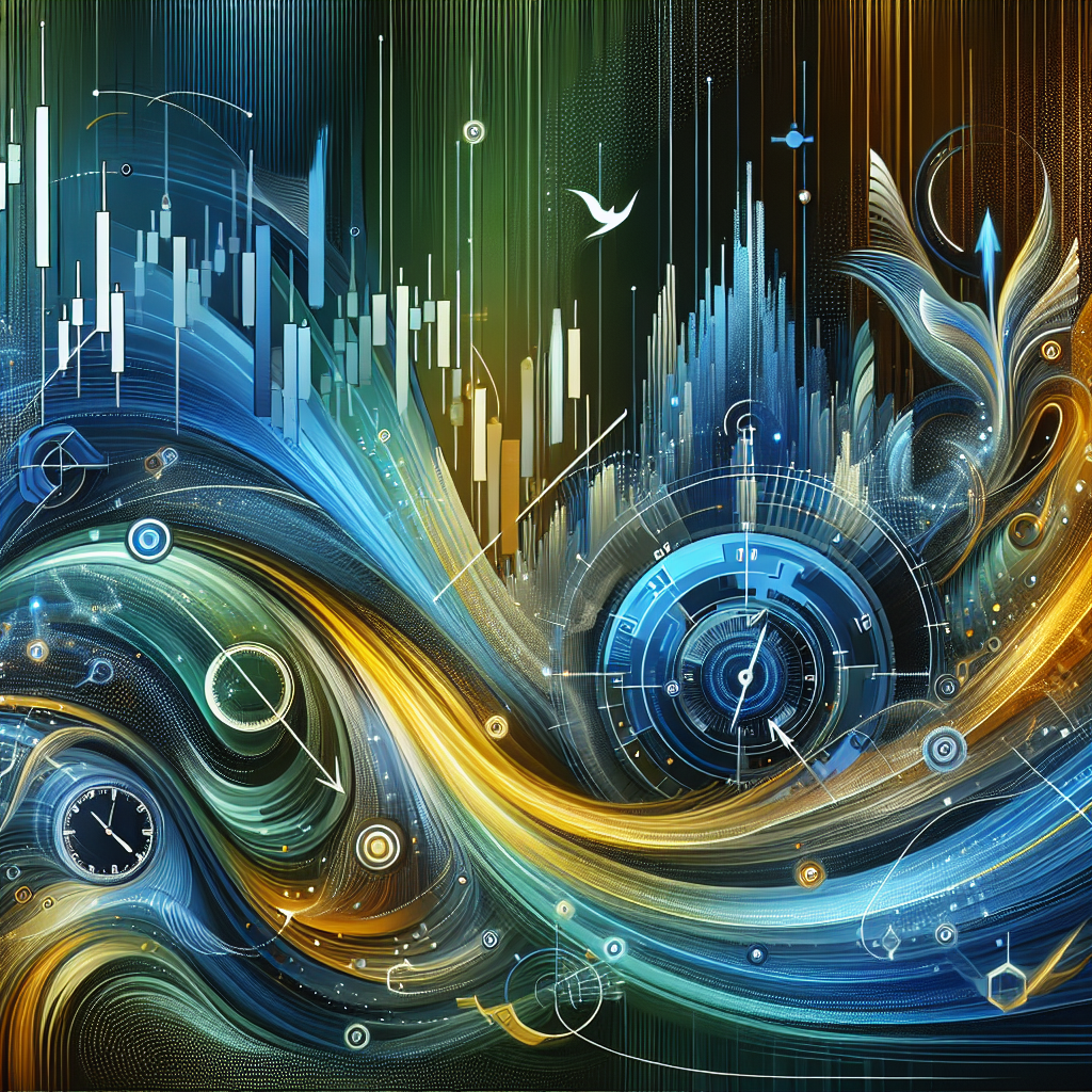 An abstract flowing art depicting Forex trade patterns with vibrant colors, overlaid with icons representing swing trading strategies and success.