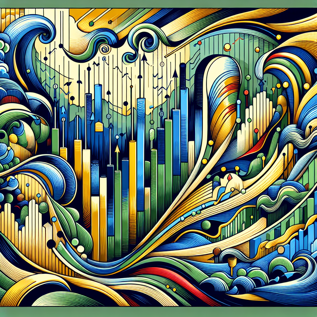 An abstract illustration showing dynamic trading patterns and charts, incorporating vibrant colors and flowing lines to represent high-probability swing trade setups.