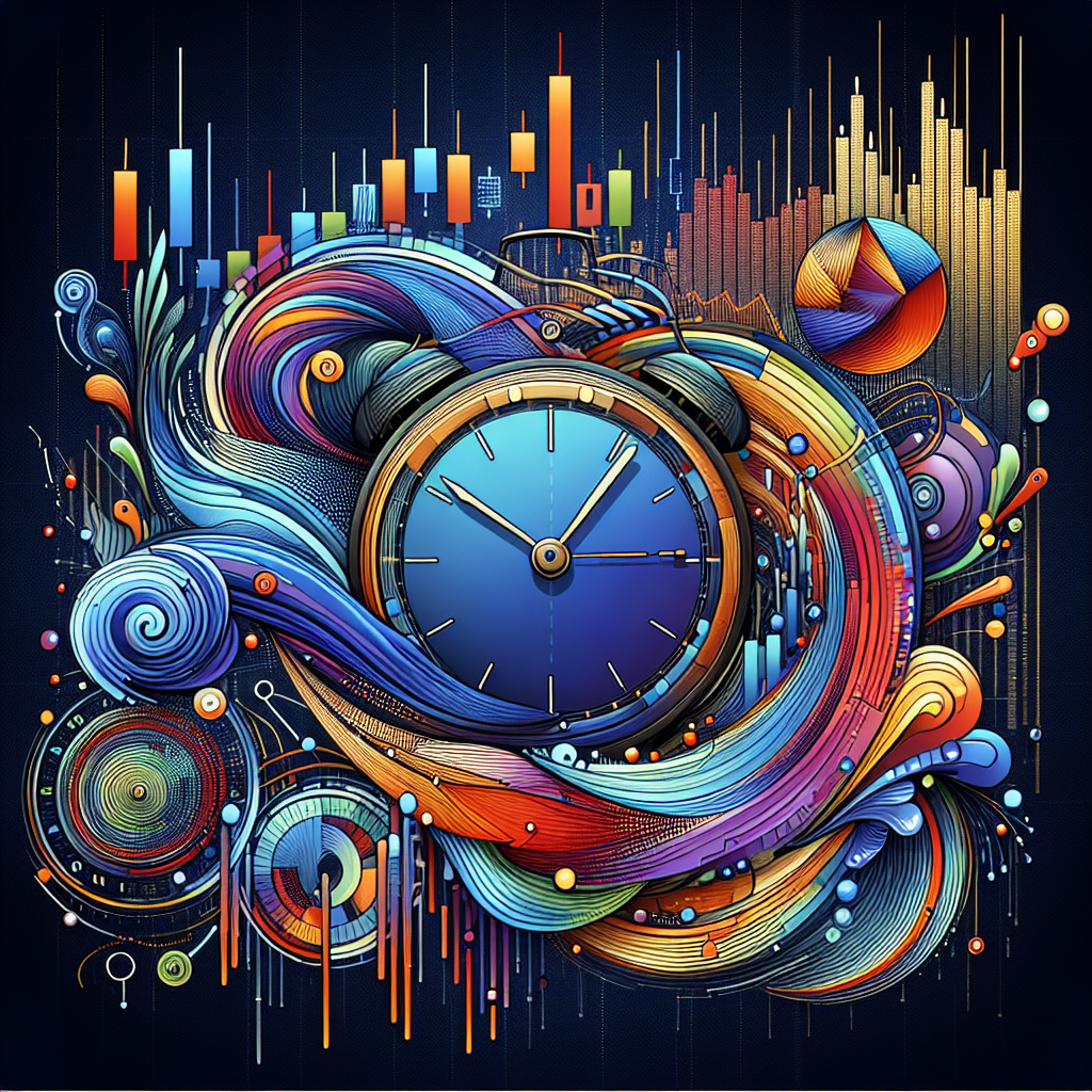 A vibrant illustration showing flowing and dynamic trading patterns overlaid with a colorful clock face, symbolizing the concept of timeframes in swing trading.