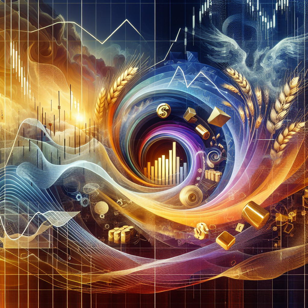 A visually dynamic illustration representing swing trading strategies in commodities, featuring vibrant trading patterns and flowing market charts intertwined with images of various commodities like gold, oil, and agricultural products.