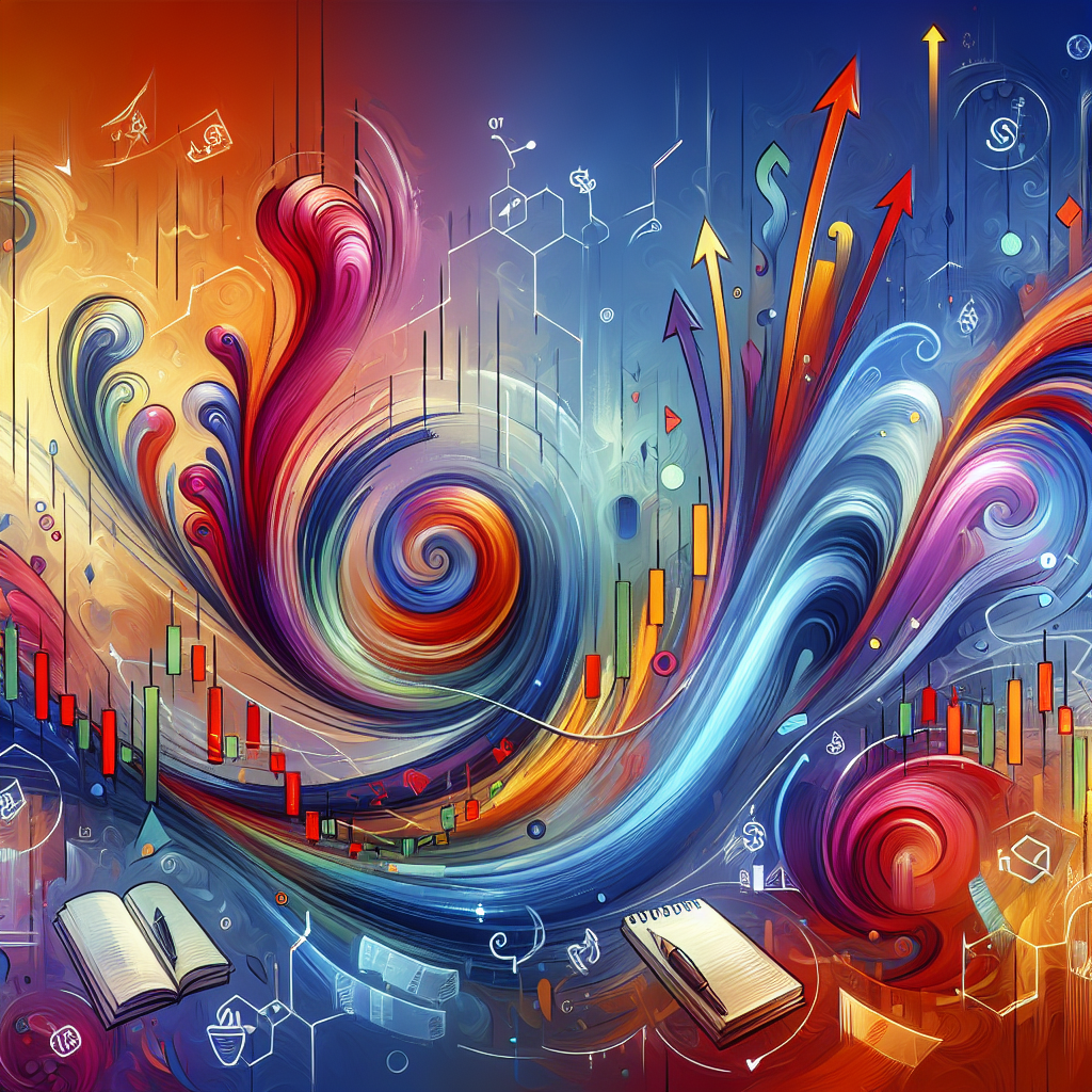 A vibrant and abstract flowing trading-pattern art illustration representing step-by-step swing trading strategies, featuring colorful candlestick patterns, arrows indicating price movements, and beginner-friendly elements like notepads and charts.