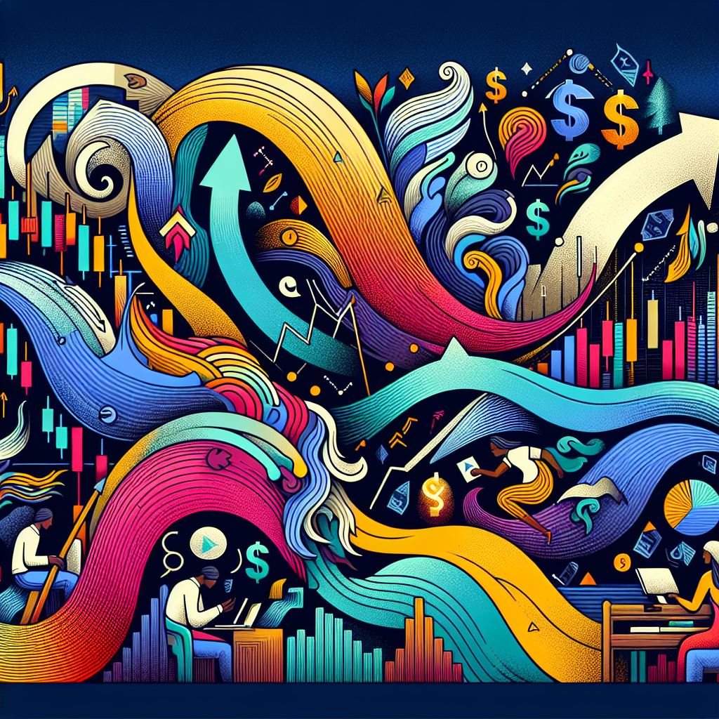 An imaginative flow of colorful trading patterns interweaving to form a stylized upward trend line, illustrating the concept of a winning swing trading strategy with various symbols of finance and growth.