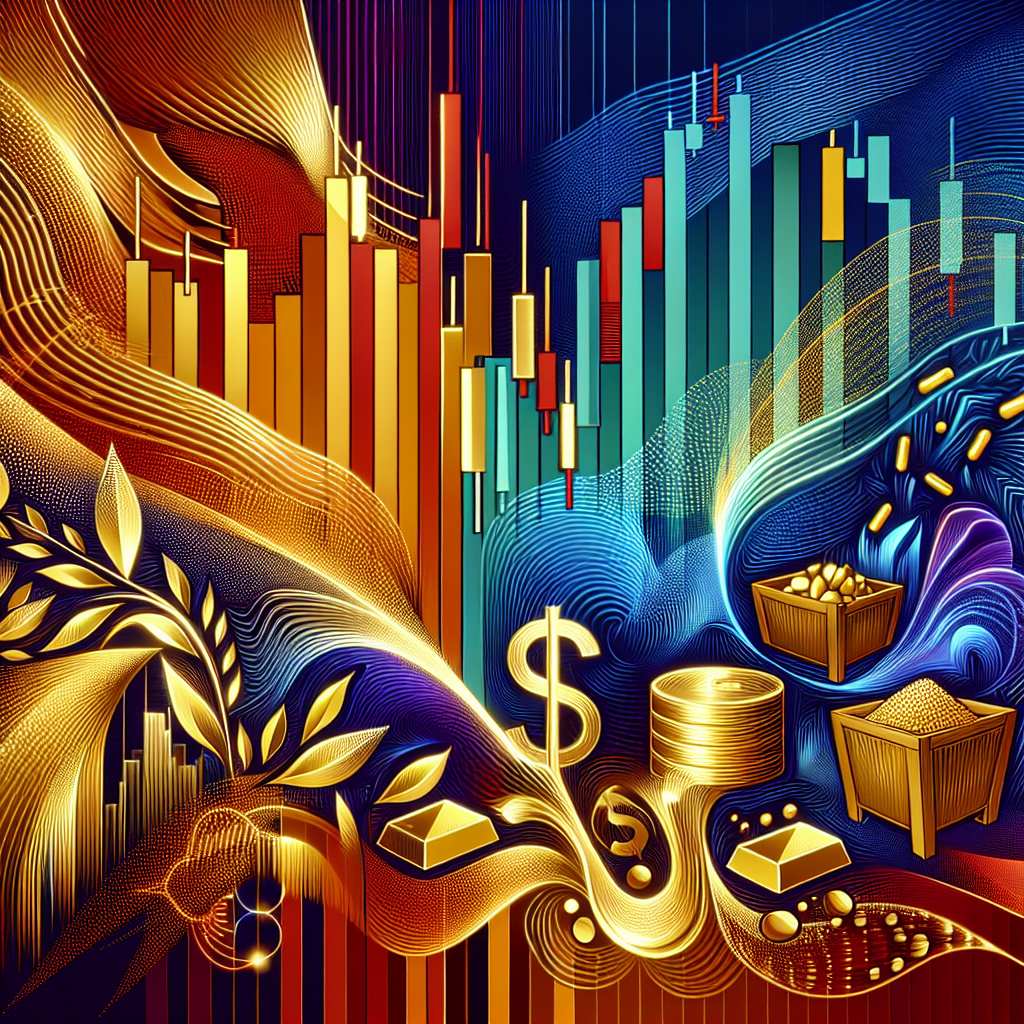 An abstract illustration representing swing trading strategies in commodity markets, featuring flowing lines and patterns that symbolize market volatility, with elements like candlestick charts, arrows indicating price movements, and various commodity symbols like oil barrels, gold bars, and agricultural products.