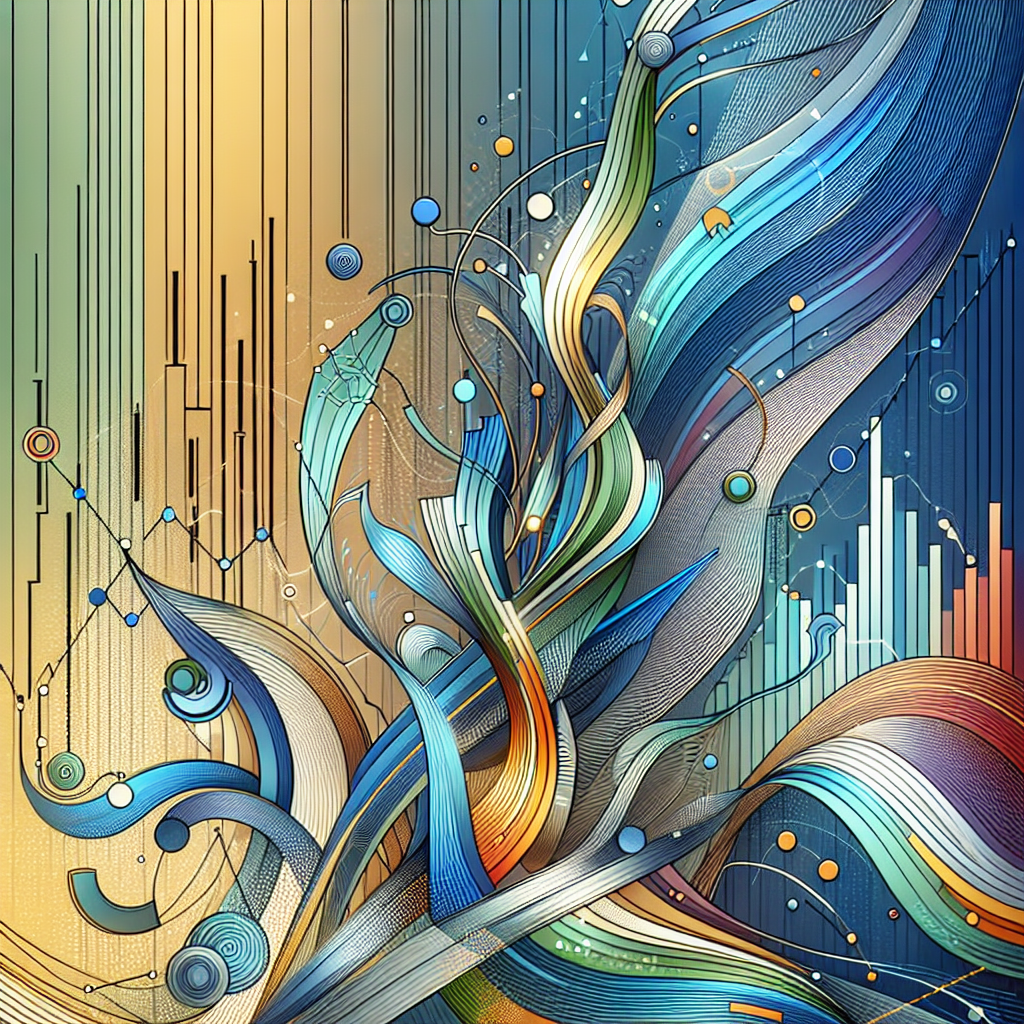 An artistic representation of five key technical trading patterns, depicted in flowing, abstract designs with elements that resemble stock charts, colorful lines, and shapes that evoke the dynamic nature of swing trading.