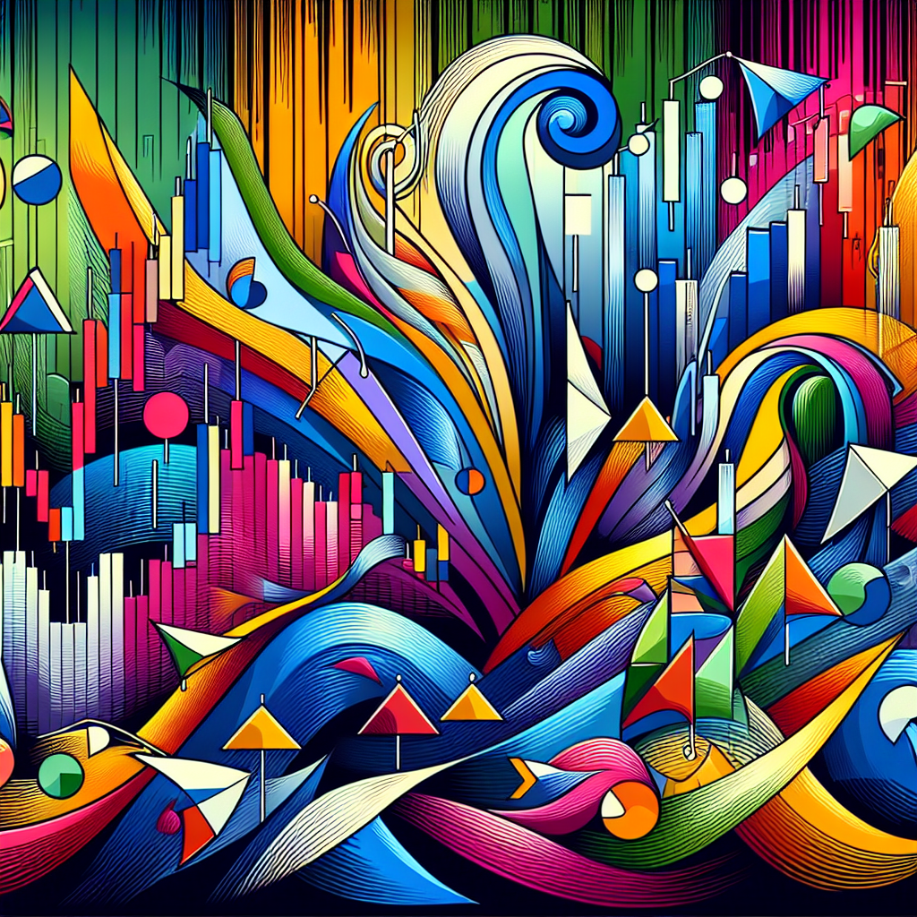 An abstract and colorful illustration representing key swing trading patterns like head and shoulders, double tops, and flags, with flowing lines and artistic shapes symbolizing movement and opportunity in trading.