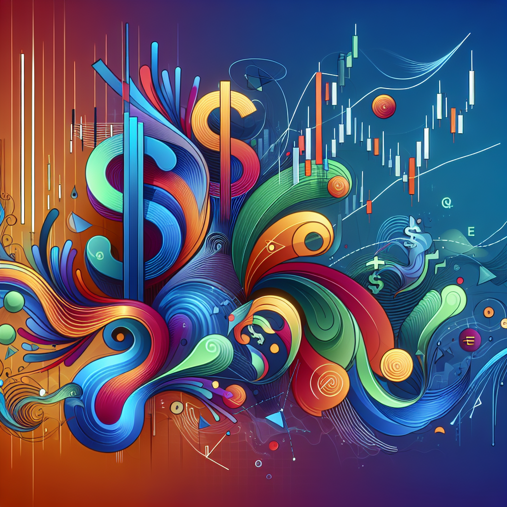 A vibrant and flowing abstract representation of trading patterns in the Forex market, interspersed with visual elements like currency symbols, candlestick charts, and dynamic lines, conveying the concept of swing trading success.