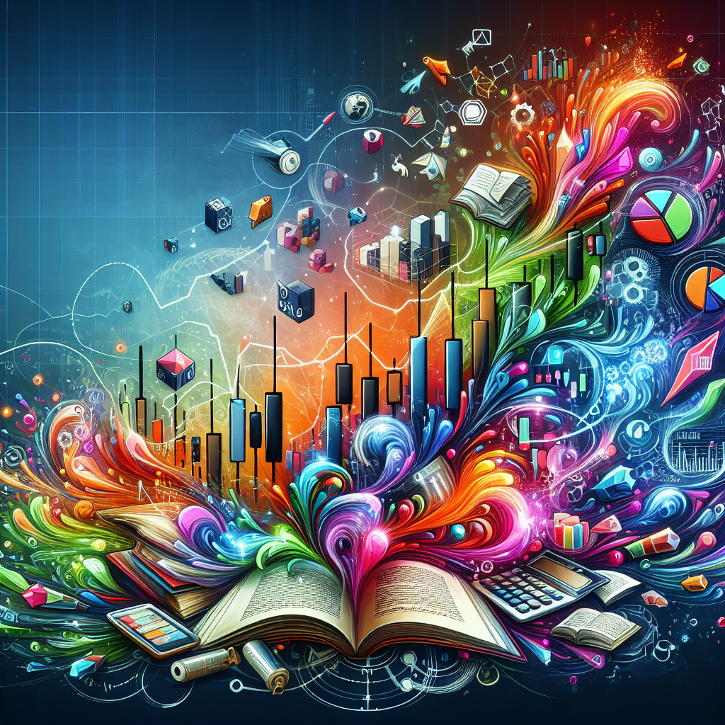 An artistic representation of a dynamic trading landscape featuring abstract patterns symbolizing financial charts and swing trading concepts, with elements like books, tools, and icons of online communities intricately woven into the composition.