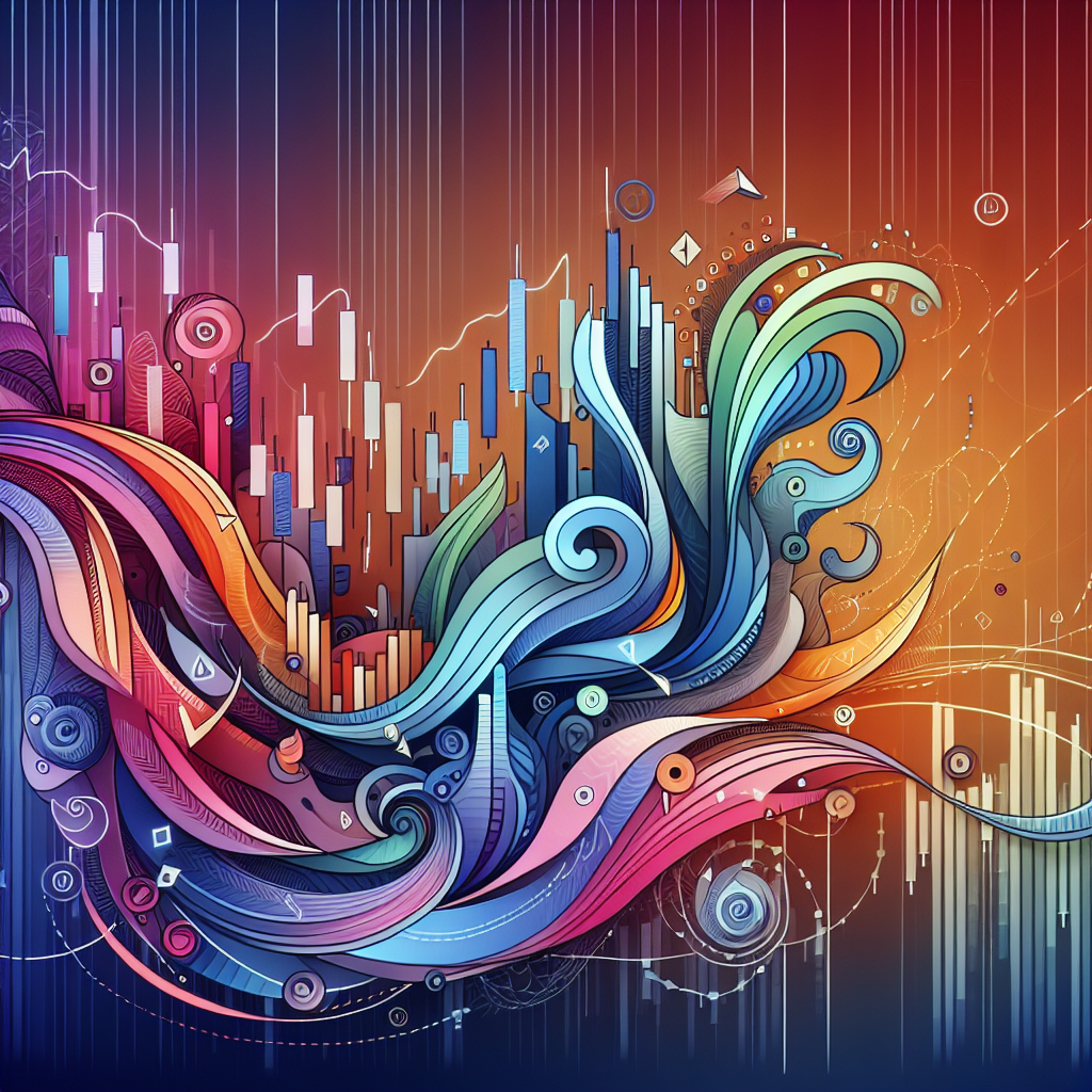 A visually engaging illustration depicting various swing trading indicators, integrated into a flowing art style that represents trading patterns, with dynamic colors and abstract shapes reflecting market movements and technical analysis.