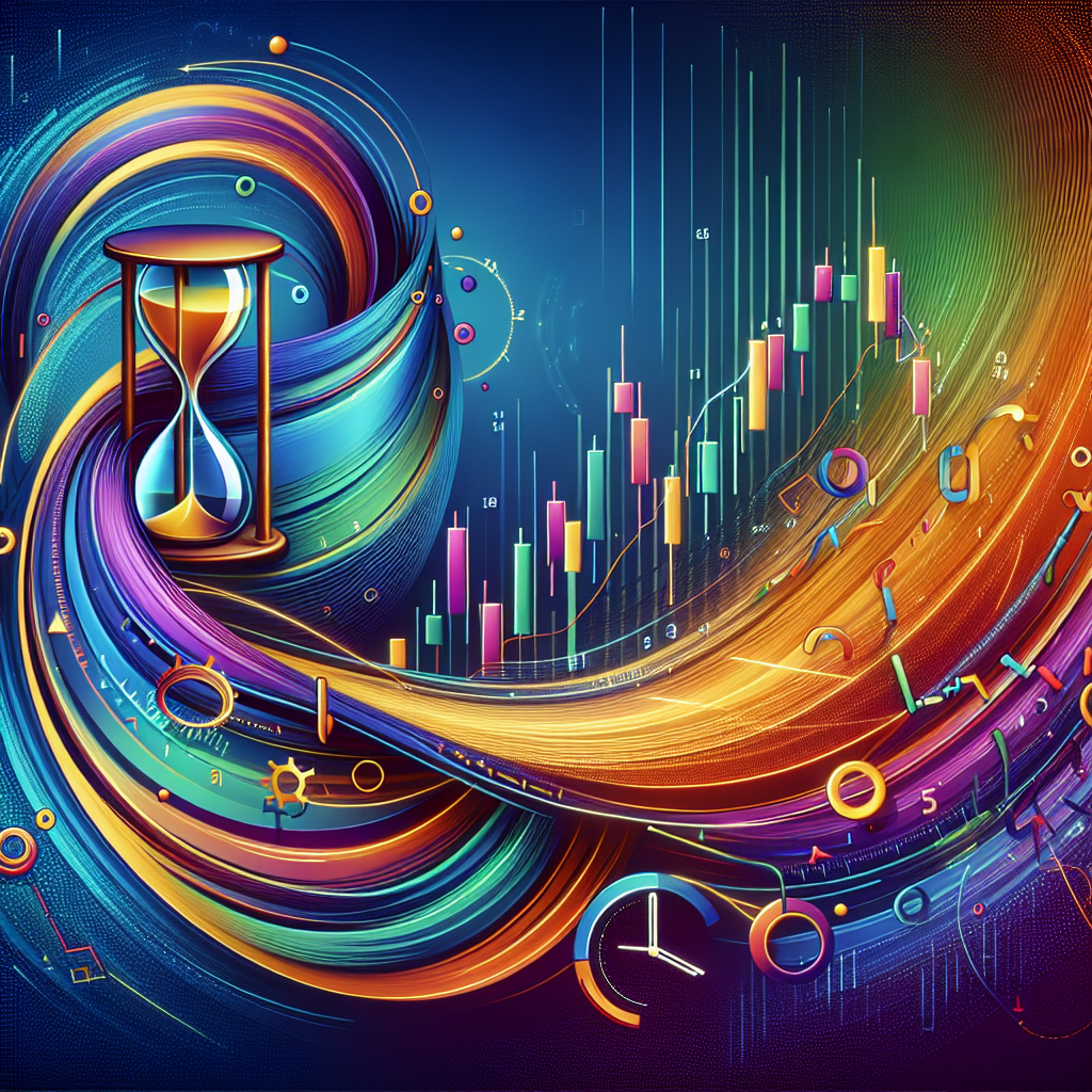 An abstract and flowing illustration representing various timeframes in swing trading, incorporating visual elements like candlestick charts, clock symbols, and dynamic color gradients to evoke concepts of time and trading patterns.