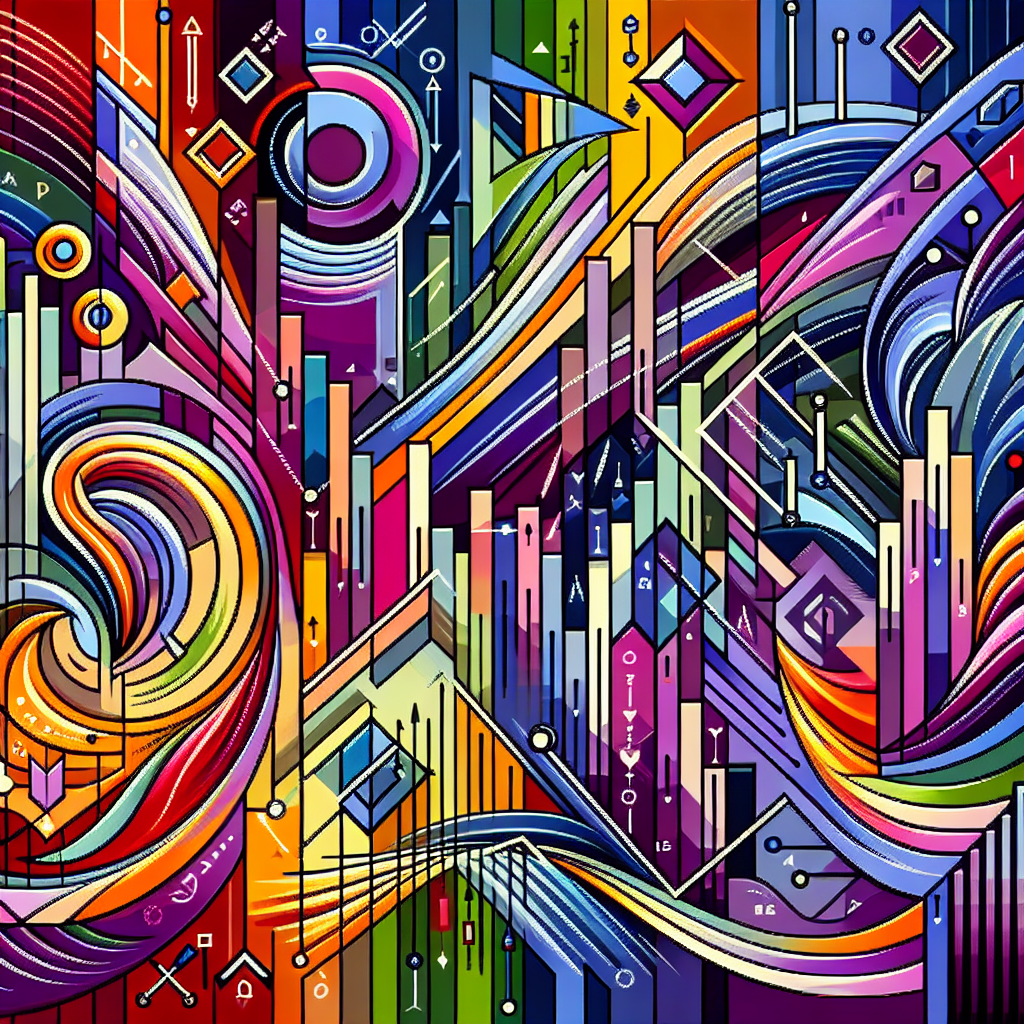 An artistic representation of five key swing trading patterns, illustrated in a flowing and abstract style, with vibrant colors and dynamic shapes symbolizing the movement of financial markets.