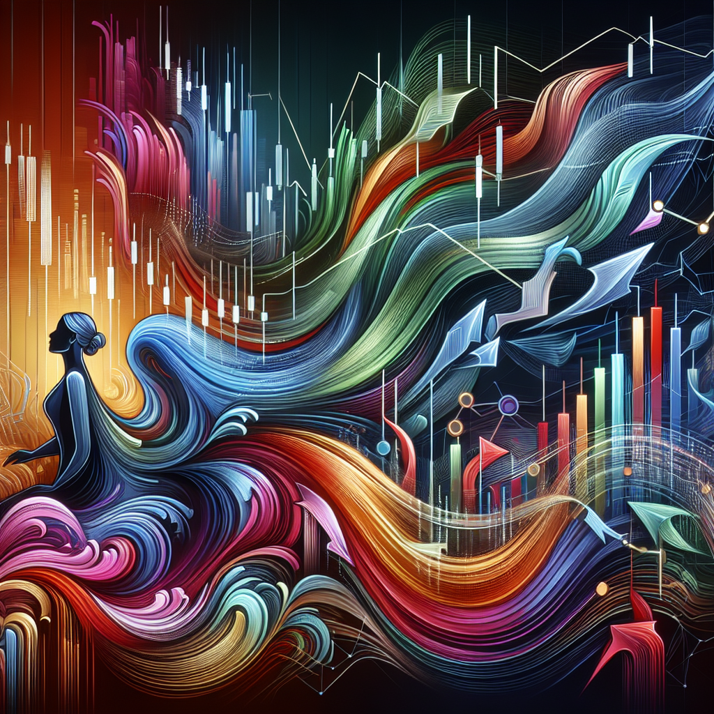 An artistic representation of market volatility with dynamic trading patterns, illustrating the concept of swing trading strategies with vibrant colors and flowing lines.