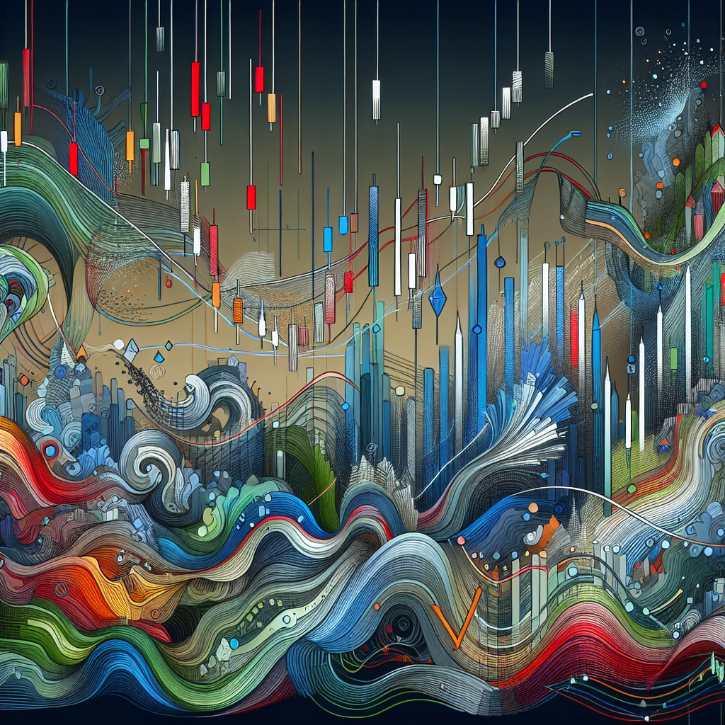 A dynamic and abstract illustration representing market fluctuations and trading strategies, featuring flowing patterns and vibrant colors that symbolize volatility in swing trading.