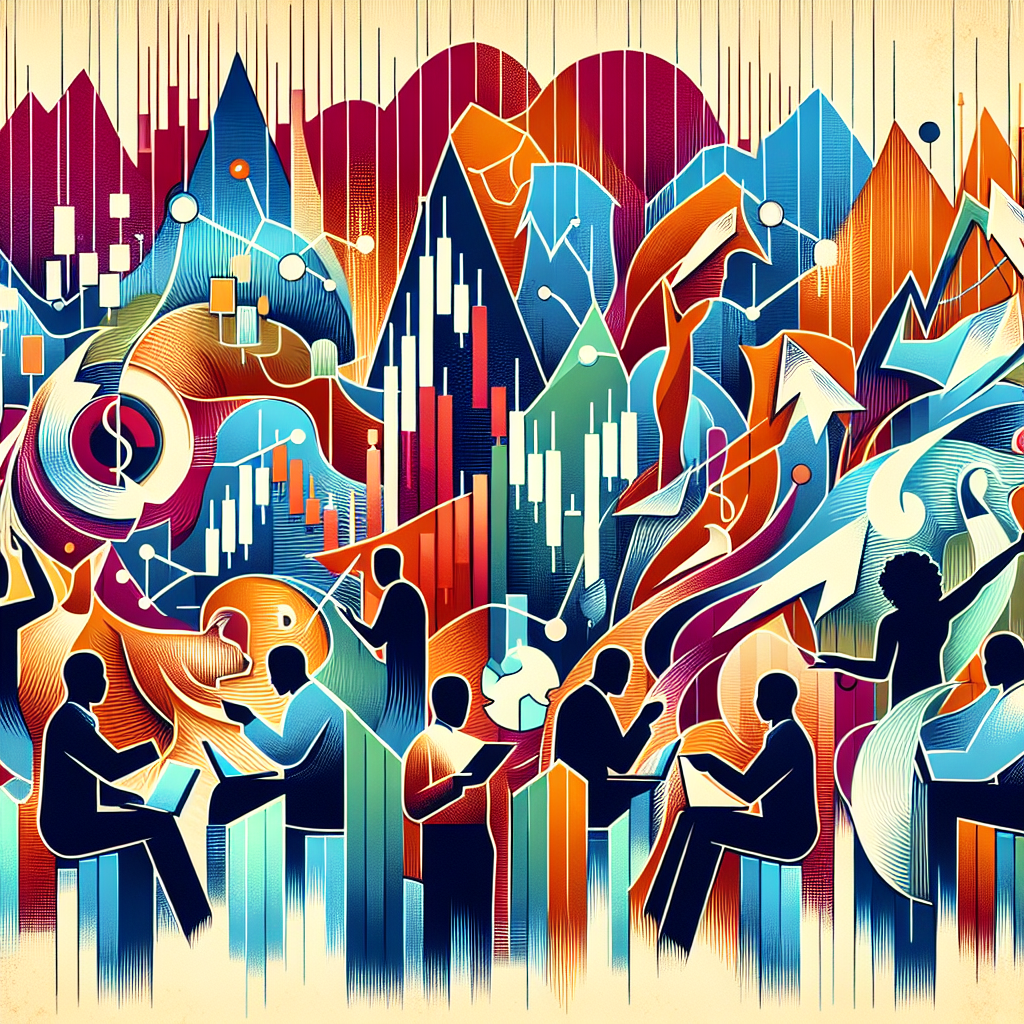 A vibrant illustration depicting the dynamic nature of swing trading, featuring flowing lines and patterns that symbolize market movements, with traders engaged at various levels of expertise amidst abstract financial symbols.